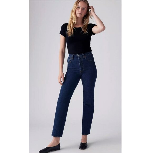 Free People Levi's Premium Ribcage Straight Angle Jeans Dark Blue Wash Size 31 - Picture 1 of 6